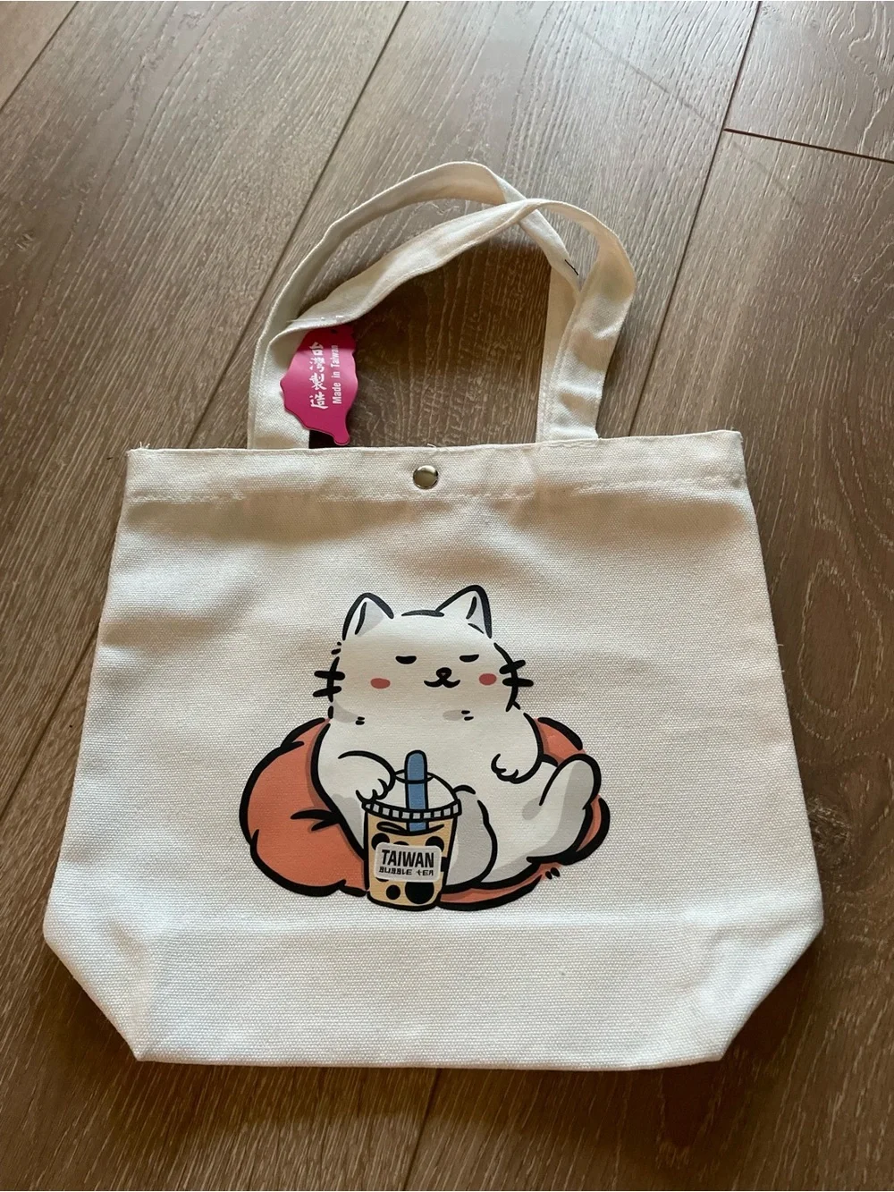NWT Small Canvas Tote Bag with Cute Cat & Bubble Tea Print